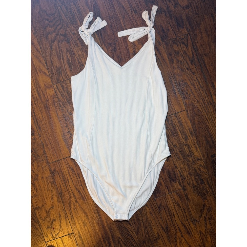 Old Navy Womens XXL White Ribbed Bodysuit Tie Shoulder Coquette Balletcore 2XL